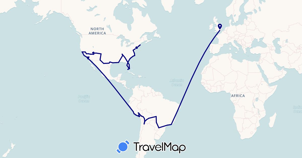 TravelMap itinerary: driving in Argentina, Bolivia, Brazil, United Kingdom, Peru, United States (Europe, North America, South America)